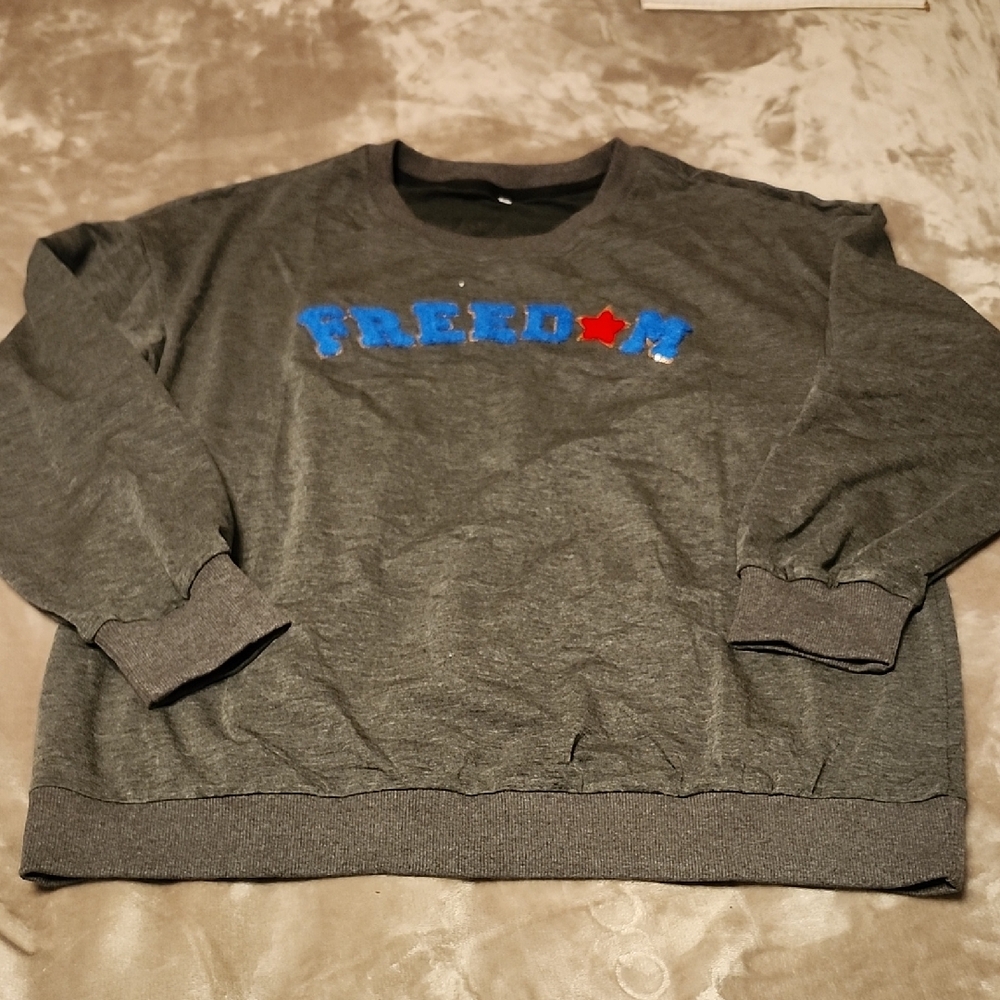 Gray Freedom Crewneck Sweatshirt With Blue Letters & Red Star